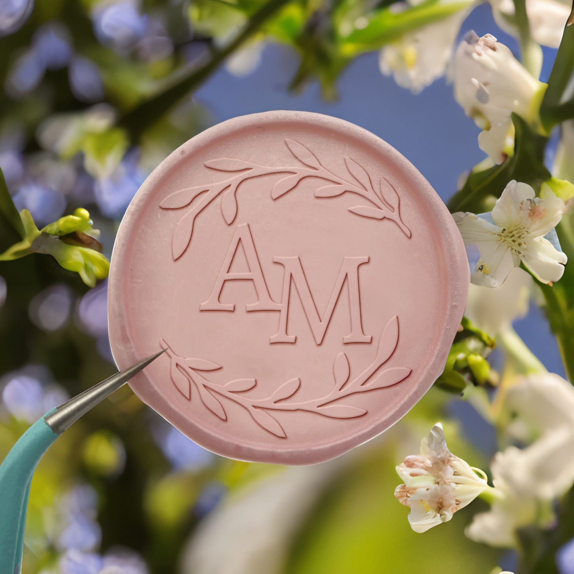 Laurel Leaves Double Initials Wedding Custom Self-Adhesive Wax Seal Stickers