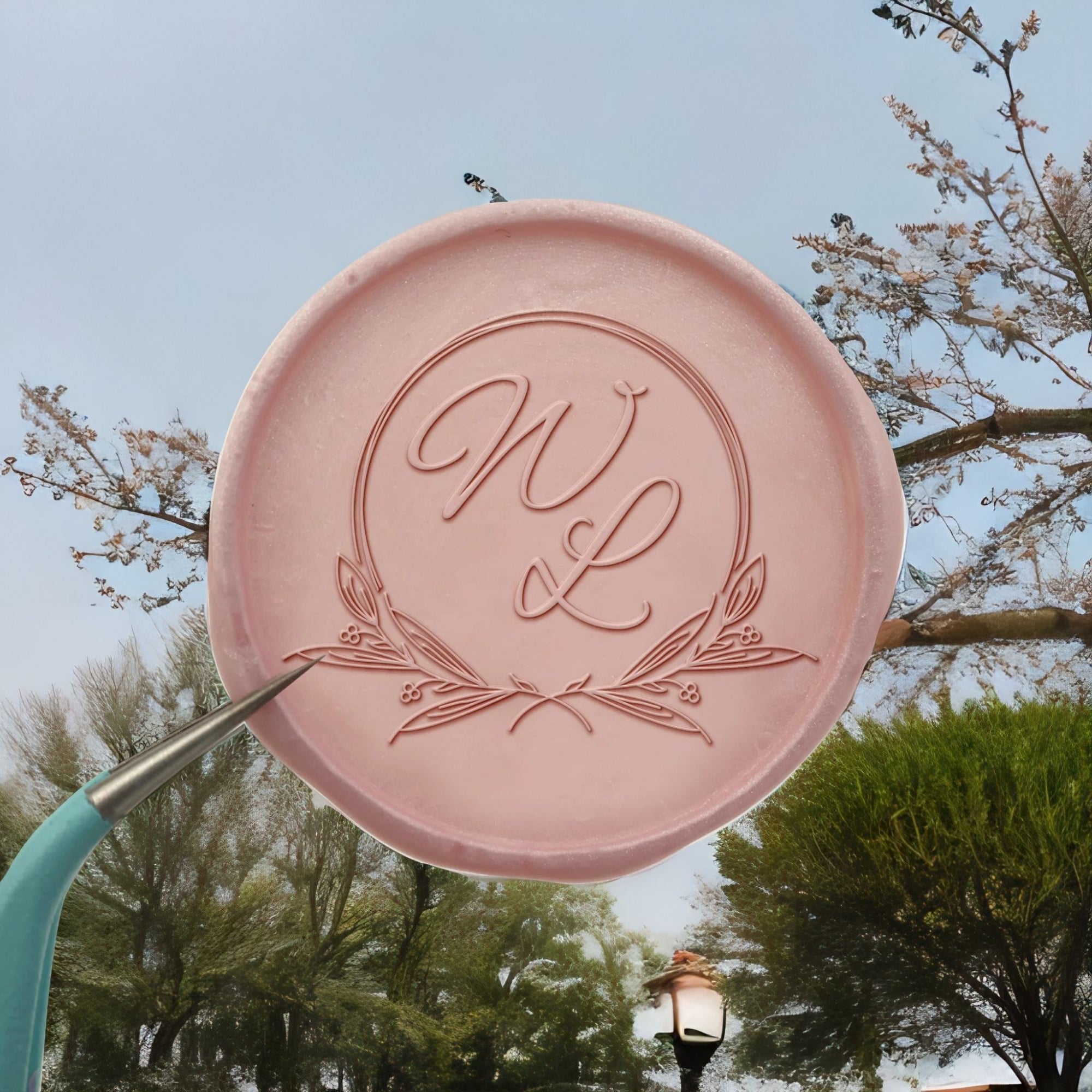 Leaf Circle Double Initials Wedding Custom Self-Adhesive Wax Seal Stickers