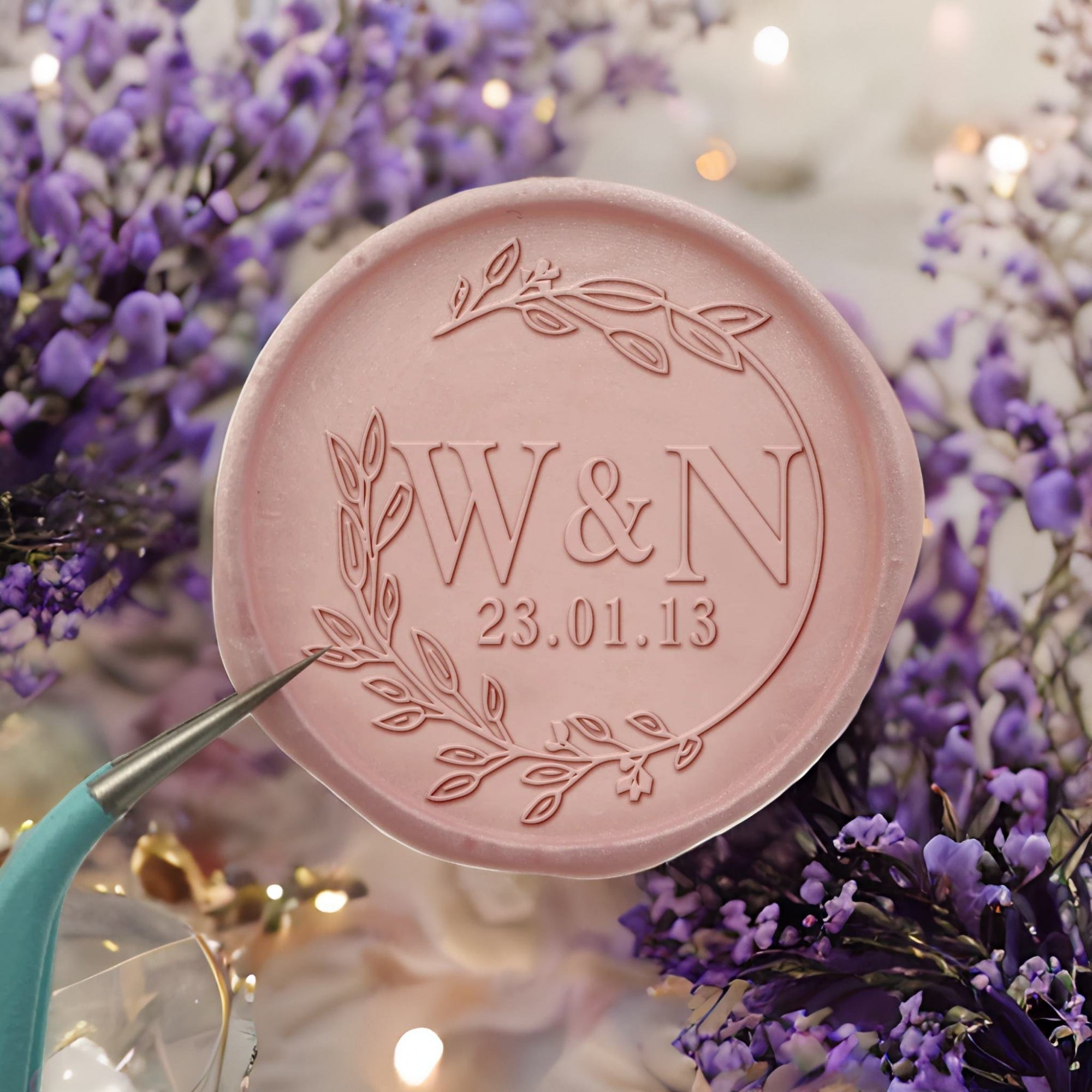 Leaf Circle Double Initials Wedding Custom Self-Adhesive Wax Seal Stickers  - Personalized Elegance for Invitations, Favors, and More
