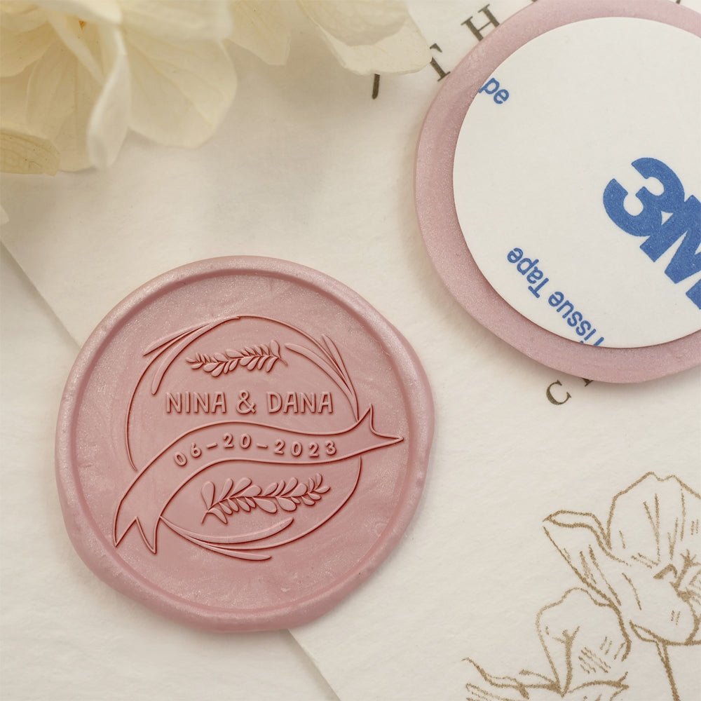 Ears of Wheat & Ribbon Name Wedding Custom Self-Adhesive Wax Seal Stickers-2