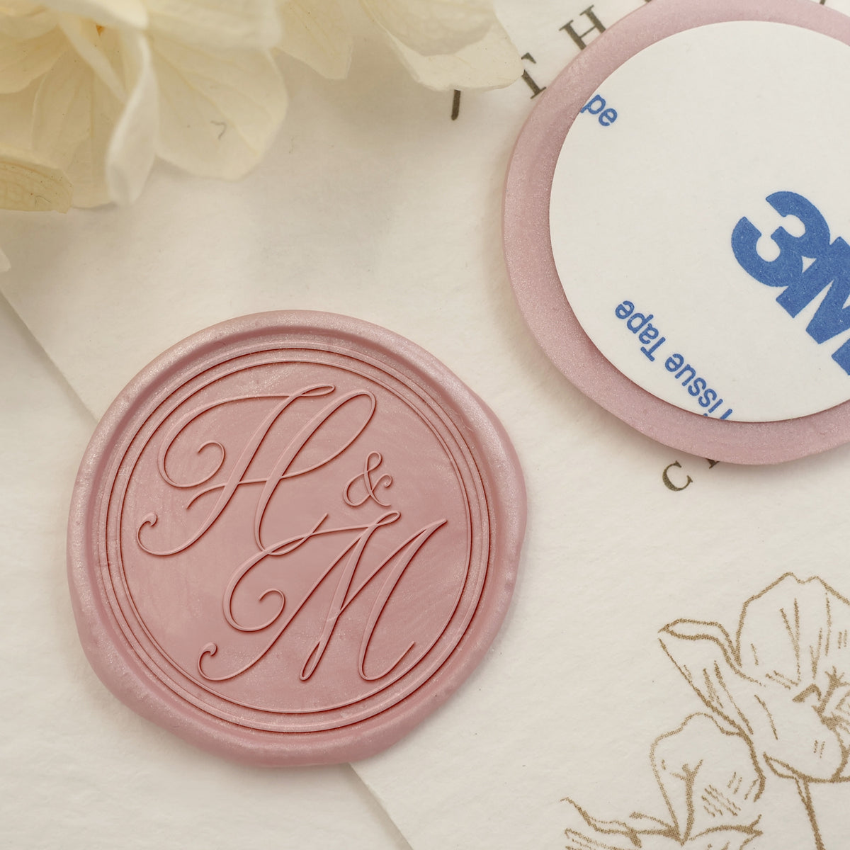 Custom Adhesive Wax Seal Stickers Hand Pressed - 1 1/4 Names & Date  Wedding Rings