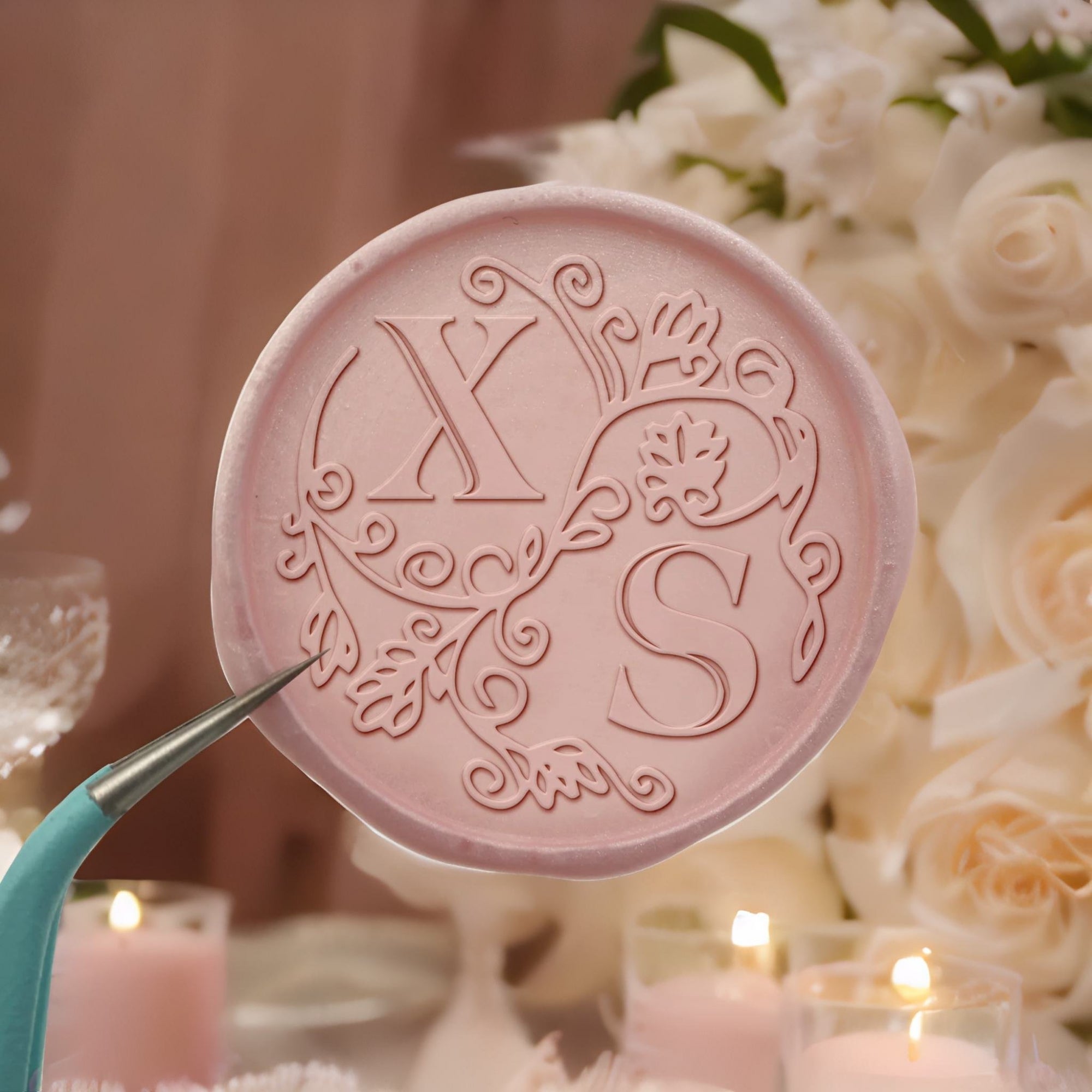 Floral Vines Double Initials Wedding Custom Self-Adhesive Wax Seal Stickers