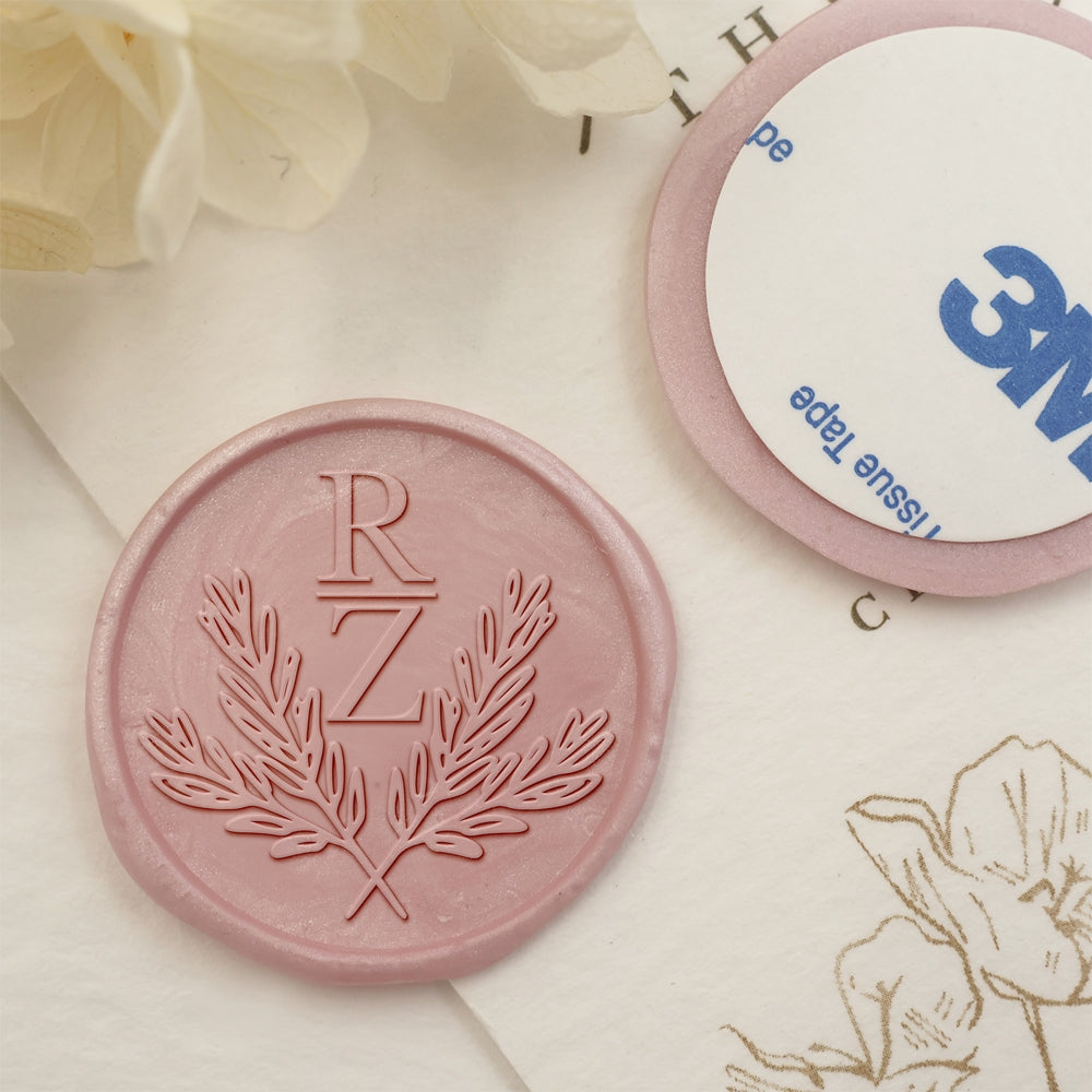 Crossed Olive Branches Double Initials Wedding Custom Self-Adhesive Wax Seal Stickers-2