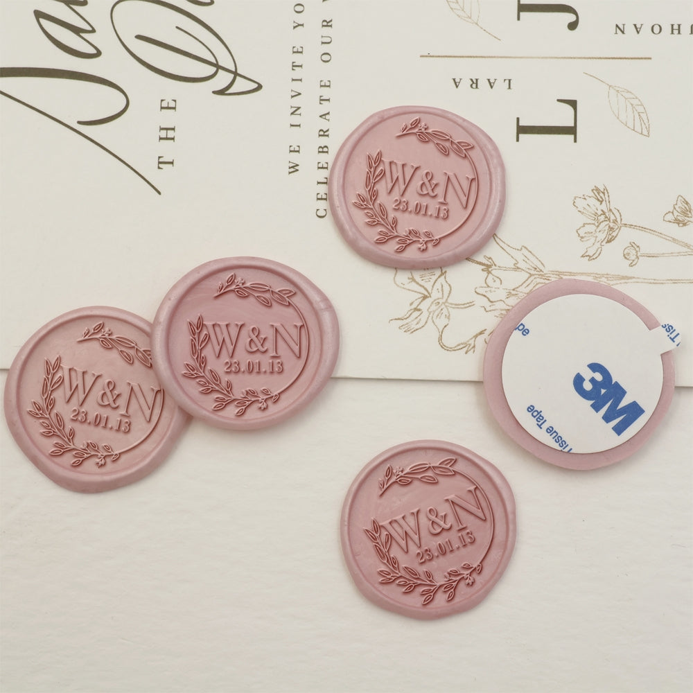 Leafy Circle Double Initials Wedding Custom Self-Adhesive Wax Seal Stickers-3