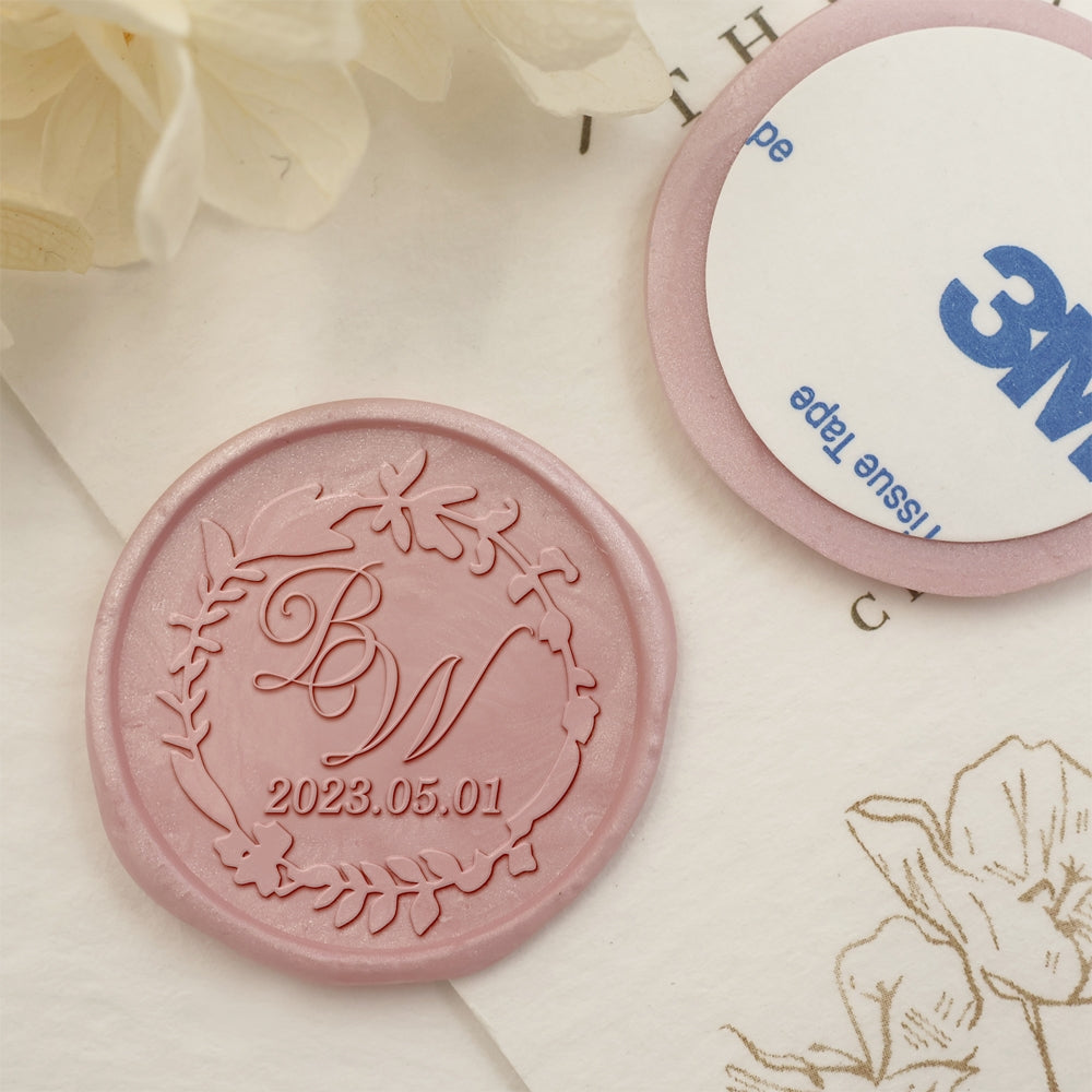 Twig Wreath Double Initials Wedding Custom Self-Adhesive Wax Seal Stickers-1