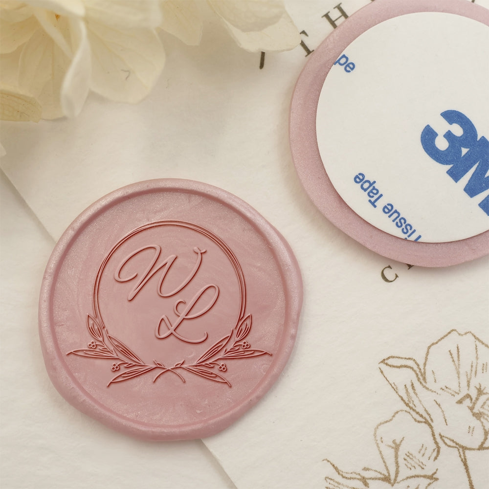Leaf Circle Double Initials Wedding Custom Self-Adhesive Wax Seal Stickers-2