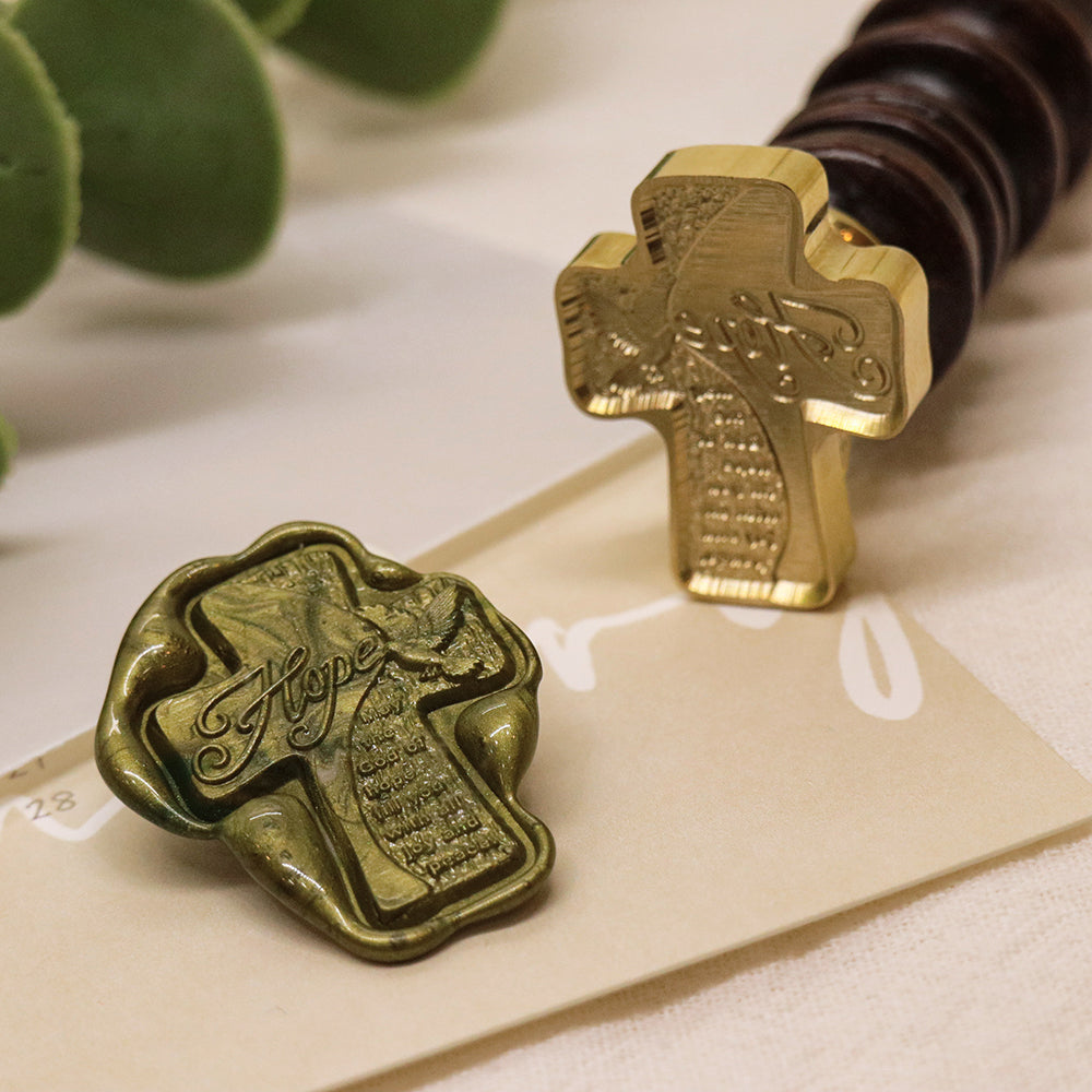 A cross shaped Romans 15:13 seal stamp from AMZ Deco.