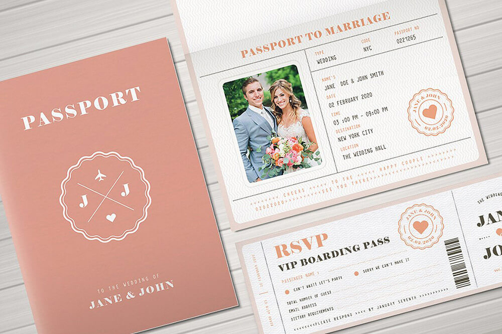 Warm Pink Printable Passport Invitation Design Suite Featuring Couple's Photos 3
