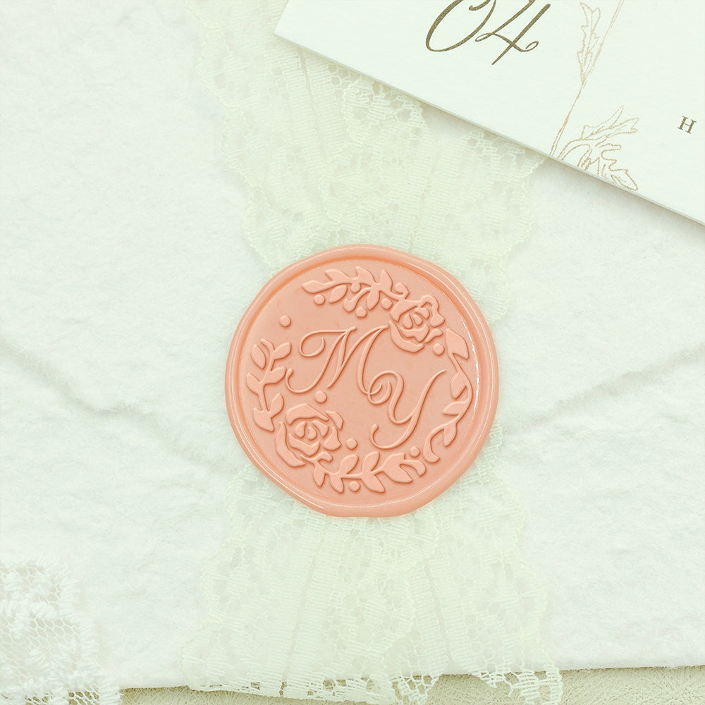 Rose Wreath Wedding Custom Wax Seal Stamp with Double Initials-2