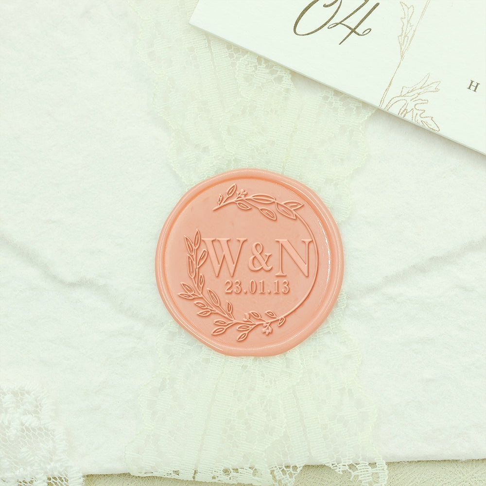 Leaf Circle Wedding Custom Wax Seal Stamp with Double Initials-2
