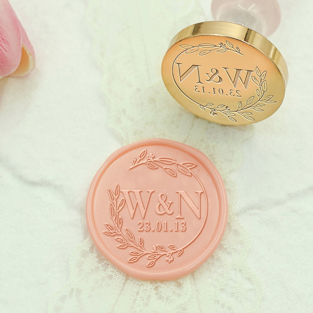 Leaf Circle Wedding Custom Wax Seal Stamp with Double Initials-1